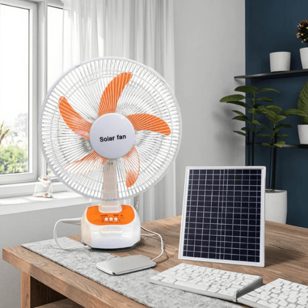 Solar Rechargeable Fan with LED Light & USB Charging – Portable Solar Fan with 12W Solar Panel for Dumsor in Ghana