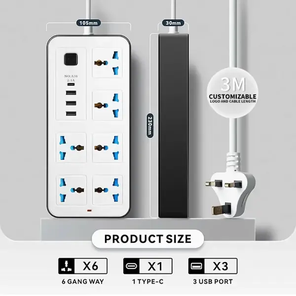 6-Outlet Electrical Extension Socket with USB Ports – Heavy Duty Power Strip for Homes & Offices Ghana