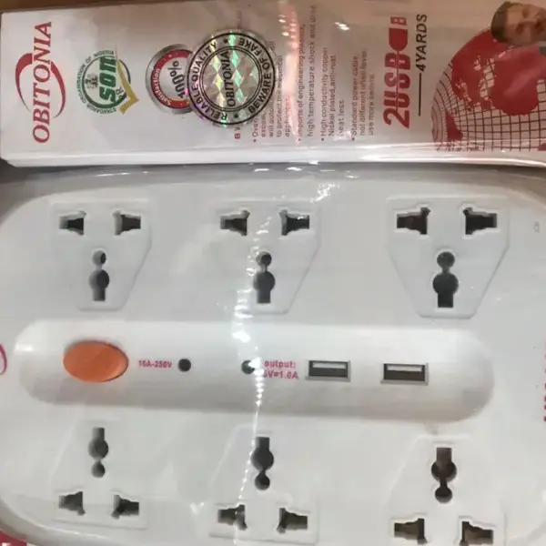 6 Way Power Extension Socket with 2 USB Ports – Multi Plug Charging Power Strip for Homes & Offices in Ghana
