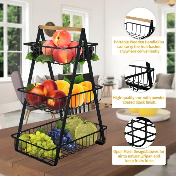Modern Iron 3-Tier Hanging Fruit Basket Ghana – Space-Saving Kitchen Storage Rack