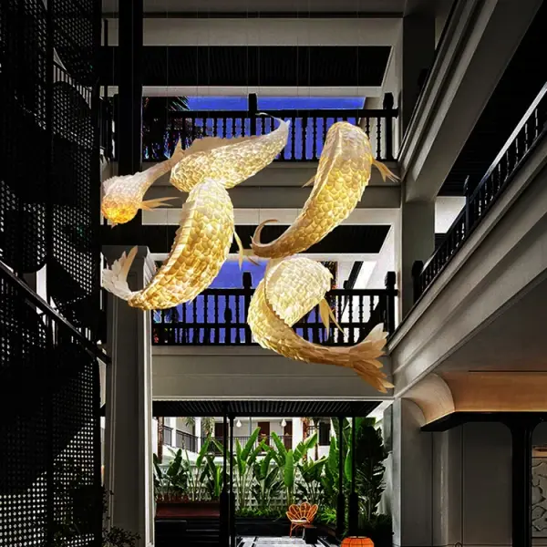 Traditional Wooden Fish Pendant Chandelier – Handmade Japanese Style Hanging Restaurant Light Ghana