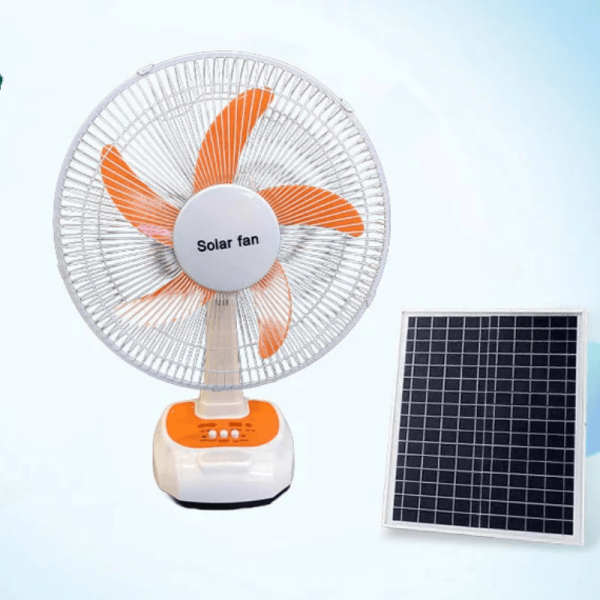 Solar Rechargeable Fan with LED Light & USB Charging – Portable Solar Fan with 12W Solar Panel for Dumsor in Ghana