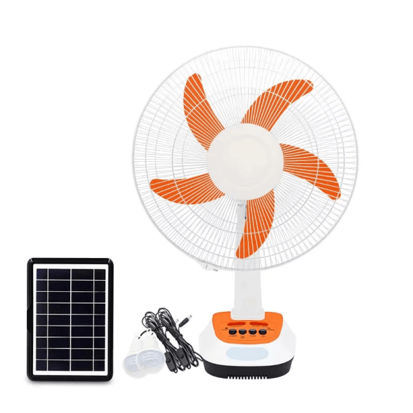 Solar Rechargeable Fan with LED Light & USB Charging – Portable Solar Fan with 12W Solar Panel for Dumsor in Ghana