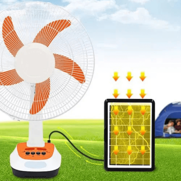 Solar Rechargeable Fan with LED Light & USB Charging – Portable Solar Fan with 12W Solar Panel for Dumsor in Ghana