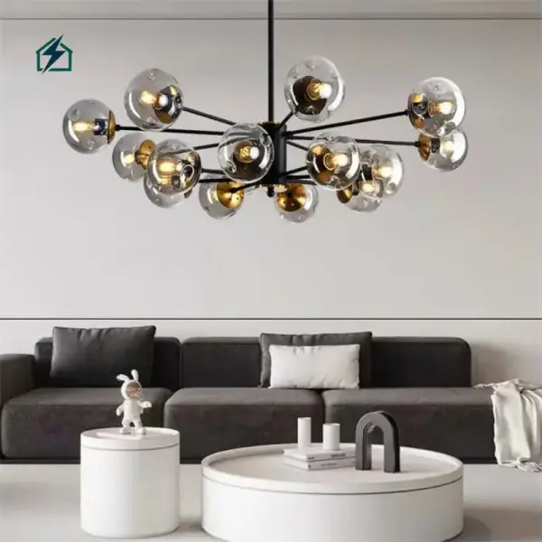 Modern Black Glass Globe Sputnik LED Chandelier Pendant Light for Living Room, Dining Room & Hotel