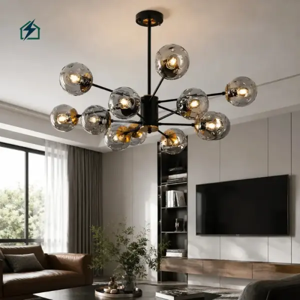 Modern Black Glass Globe Sputnik LED Chandelier Pendant Light for Living Room, Dining Room & Hotel