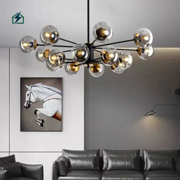 Modern Black Glass Globe Sputnik LED Chandelier Pendant Light for Living Room, Dining Room & Hotel