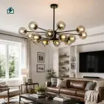 Modern Black Glass Globe Sputnik LED Chandelier Pendant Light for Living Room, Dining Room & Hotel