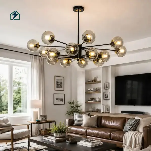 Modern Black Glass Globe Sputnik LED Chandelier Pendant Light for Living Room, Dining Room & Hotel
